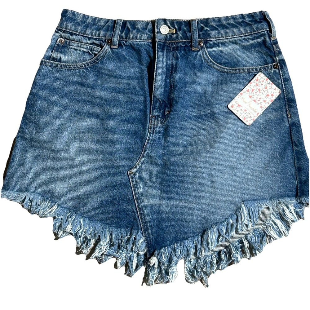 Free People Denim‎ Skirt Size 27 Indigo Blue High Rise Frayed Hem Cutoff Y2K
